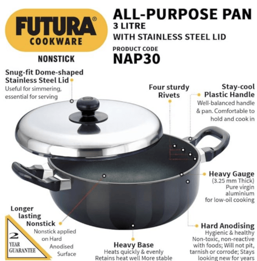 Hawkins Futura Nonstick All-Purpose Pan 3L, 22 cm, 3.25 mm with SS Lid (Black) - Image 4